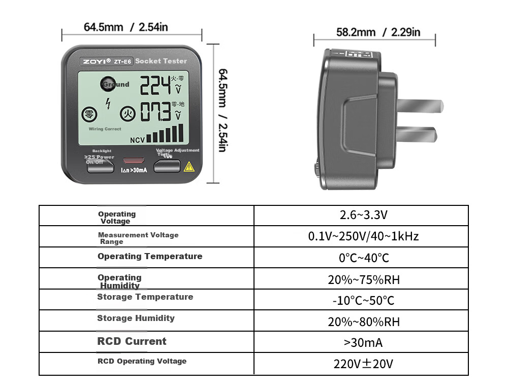 ZOYI Multifunctional Multimeter Socket Tester Phase Detector Polarity Voltage Tester Leakage Detector [ZT-E6] 10