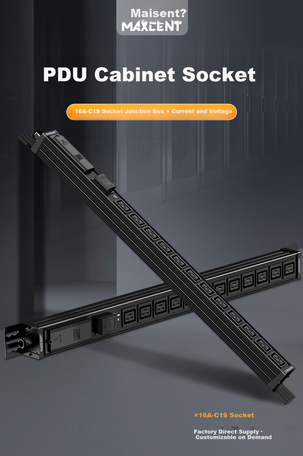 MAXCENT PDU Cabinet Socket 12-Port 32A High Power Power Strip C19 Current Voltage Indicator Junction Box Industrial Power Strip for Server Room Customizable MC9263DB 1