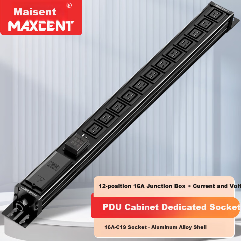 MAXCENT PDU Cabinet Socket 12-Port 32A High Power Power Strip C19 Current Voltage Indicator Junction Box Industrial Power Strip for Server Room Customizable MC9263DB