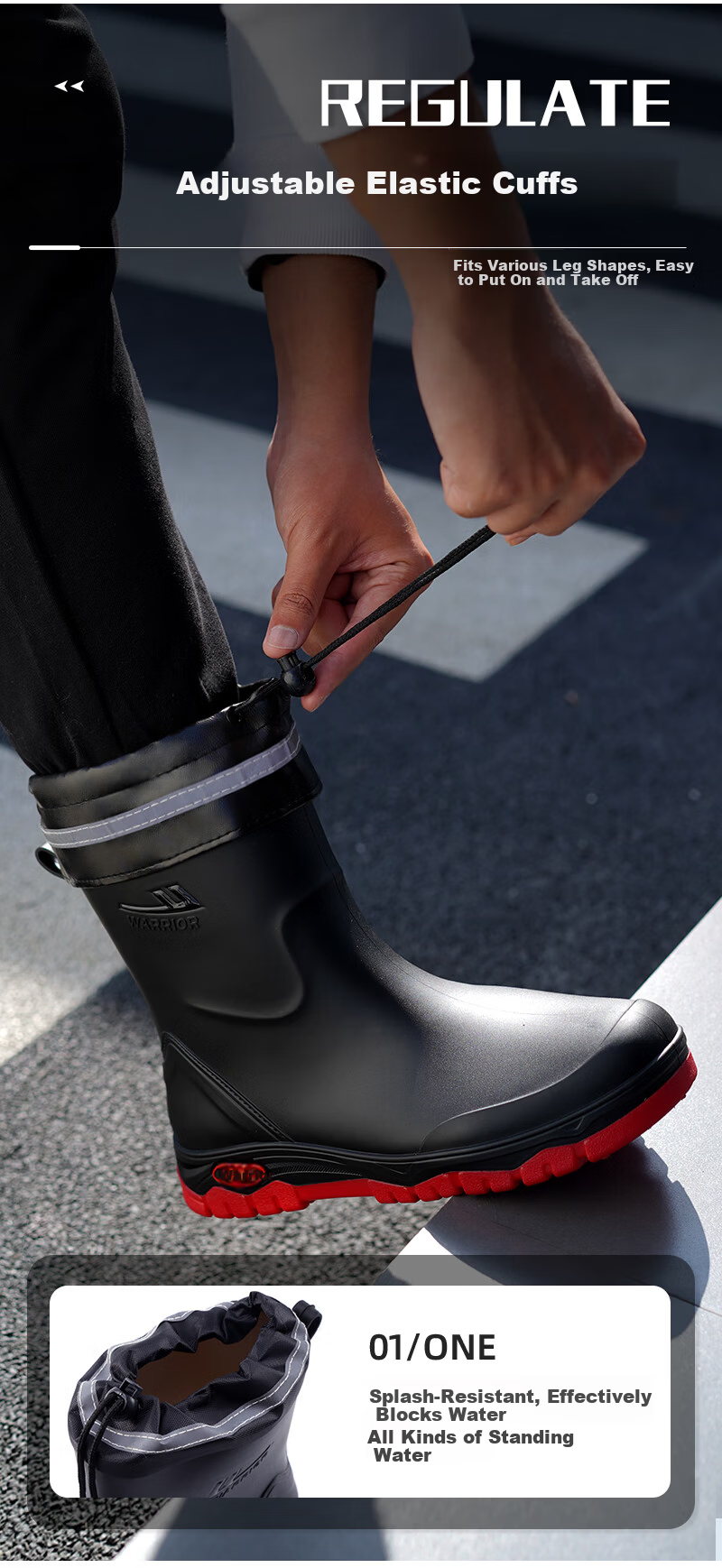 Warrior Men's Mid-Calf Waterproof Non-Slip Rain Boots Outdoor Work Car Wash Delivery Fishing Durable Rain Shoes 5388 Red Size 44 3