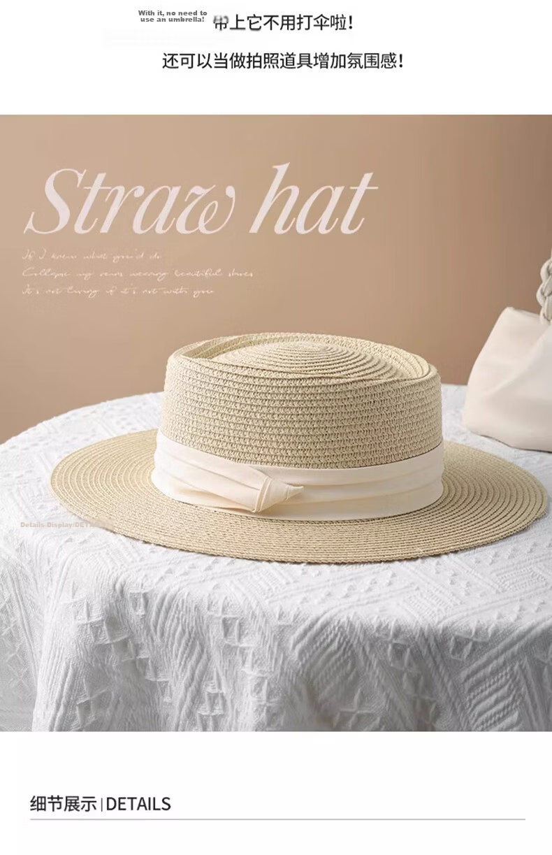 HAOGUAN Women's New Summer Sun Hat French Flat Top Straw Hat Slim Face Beach Sun Protection Hat 9