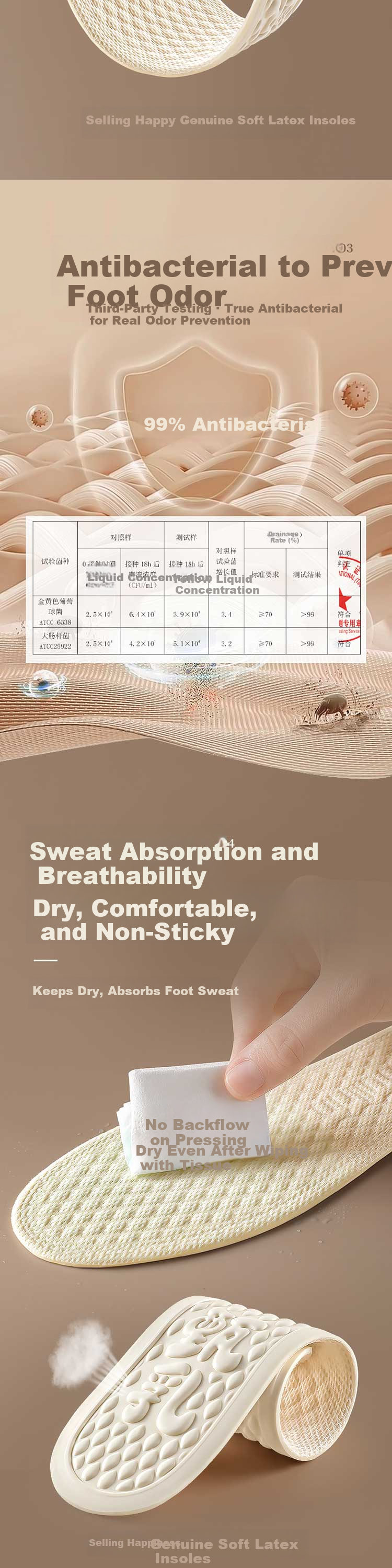 Footprint Tribe Antibacterial Deodorant Insole for Men Ultra-thin Latex Sweat-Absorbing Breathable Non-Stuffy Shoes Insoles 1 Pair - Beige, Size 39-40 2