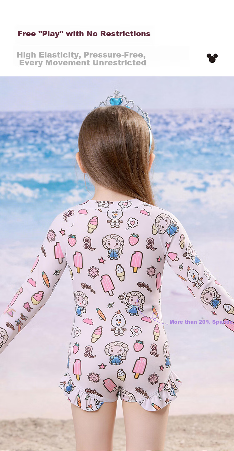 Disney Girls' Long Sleeve One-Piece Swimsuit Sun Protection Sweet Little Princess Swimwear Kids D36629S2F White 120 2