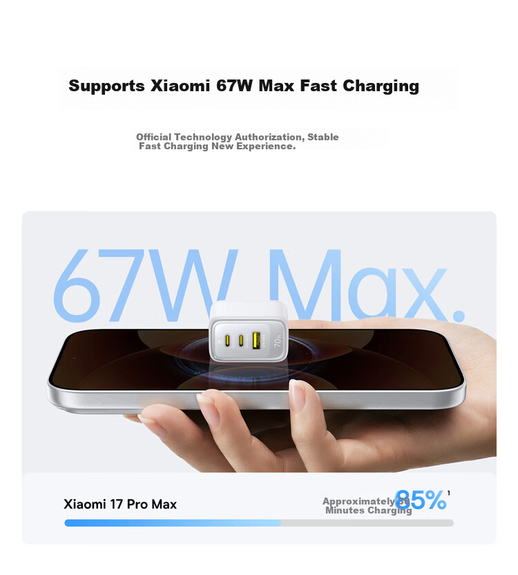 Baseus Little Ice 70W GaN Charger 3-Port Fast Charging MacBook Type-C PD65W Compatible with Apple 17/16, Xiaomi Phones, Laptop Adapter Blue 15