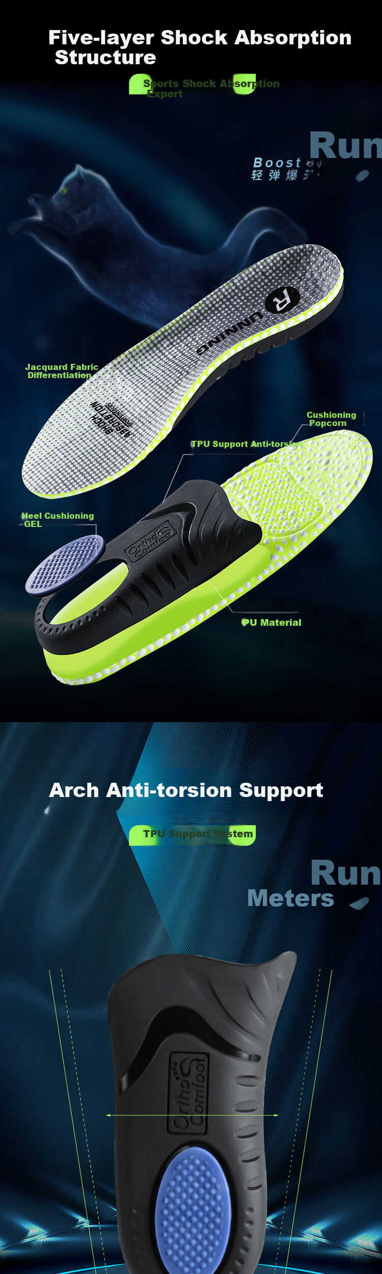 Footprint Tribe Sports Insoles Popcorn Shock Absorption Soft Elastic Long-Standing Fatigue Relief TPU Arch Support 1 Pair Size 43-44 2