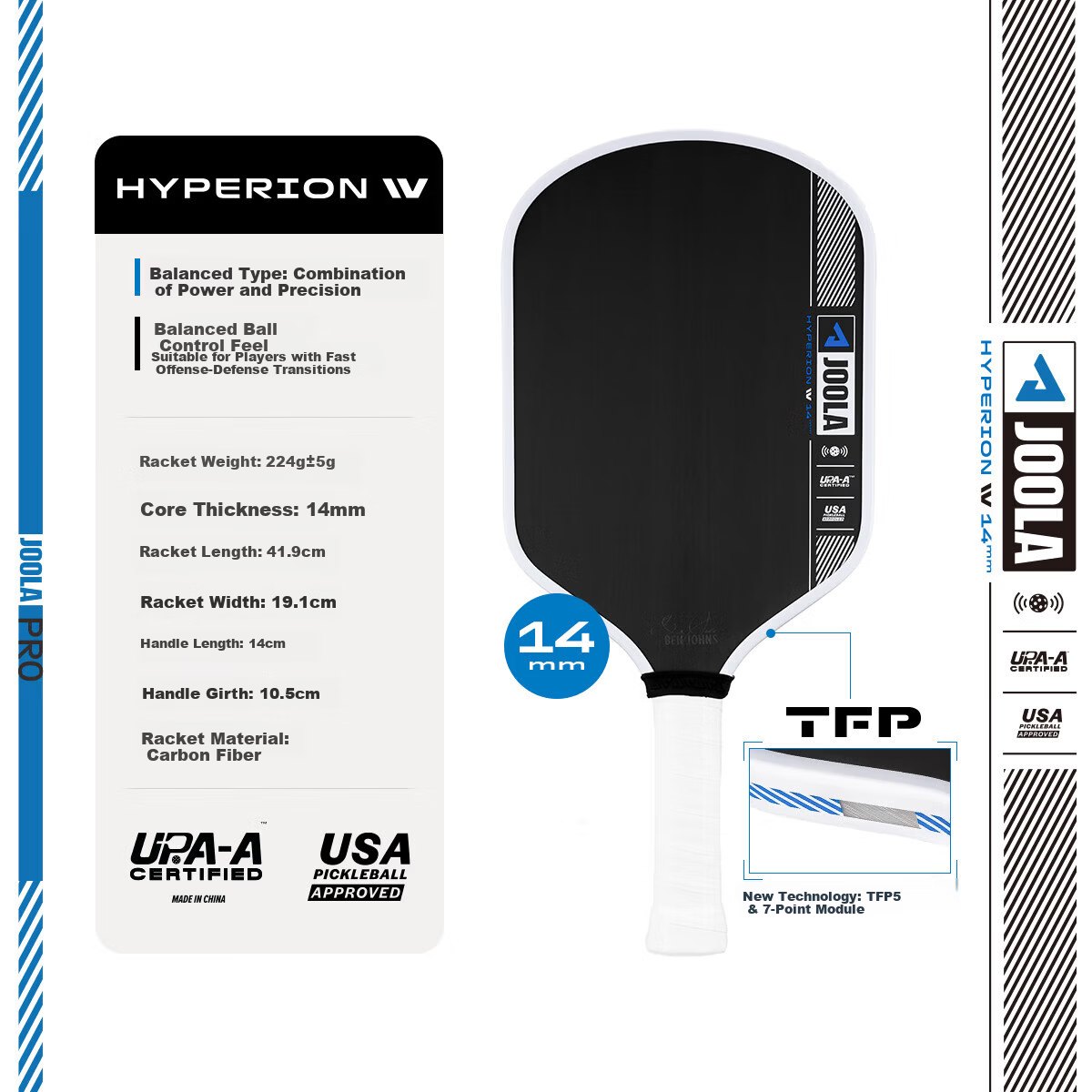 JOOLA Hyperion PRO IV Carbon Fiber Table Tennis Paddle 14mm Balanced Dual Certified Professional Racket