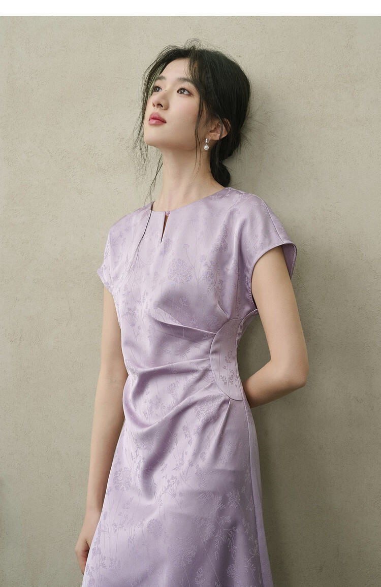 Shangdu Bila Elegant Slimming National Style Summer Dress for Women with Beaded Buttons, Round Neck, Flutter Sleeves, A-Line Jacquard Mid-Length Dress 14