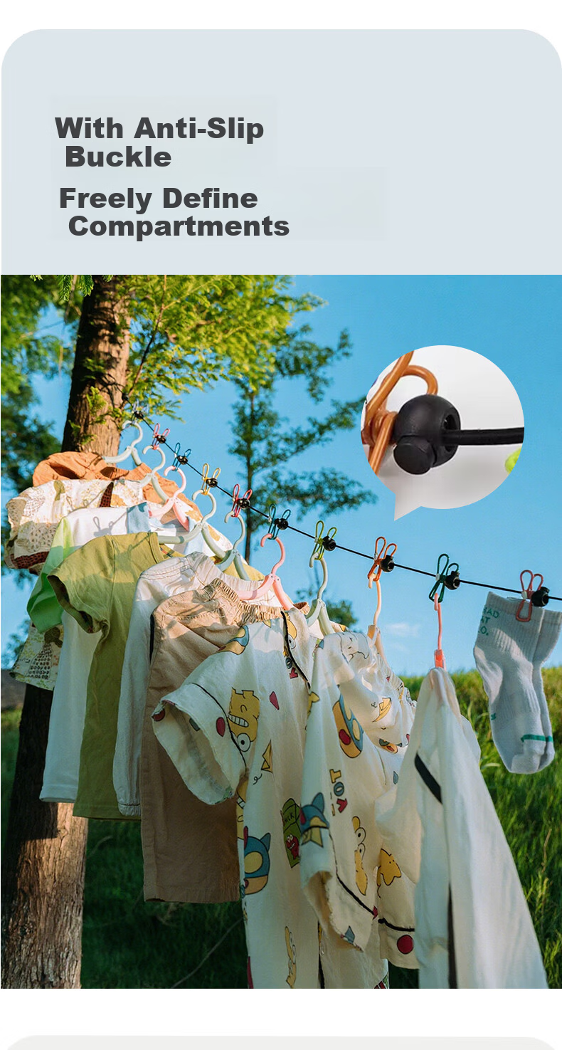 JiaTu Outdoor Travel Clothesline Hotel No-Drill Clothes Drying Tool Indoor Windproof Hanging Rope 1.8m Black Color Cap 4