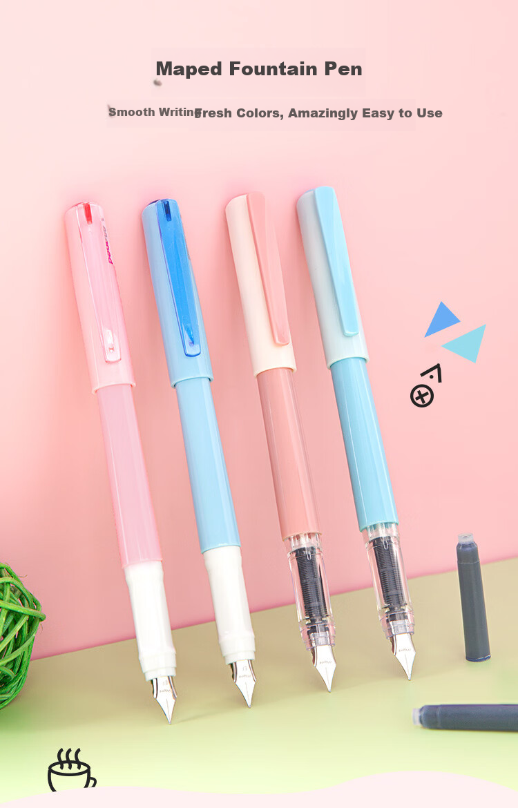 Maped Back-to-School Student Fountain Pen with Replaceable Ink Cartridge, Primary School Standard Script and Clerical Script Practice Pen, Beginner Handwriting Pen 221515CH Rose Red 1