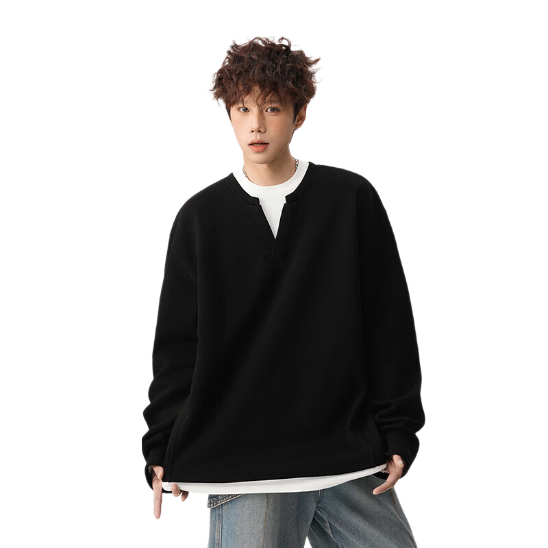 Foss Phil Men's Fake Two-Piece Long Sleeve Sweatshirt Spring Autumn Loose Fit Basic T-Shirt HT25764 Black 4XL