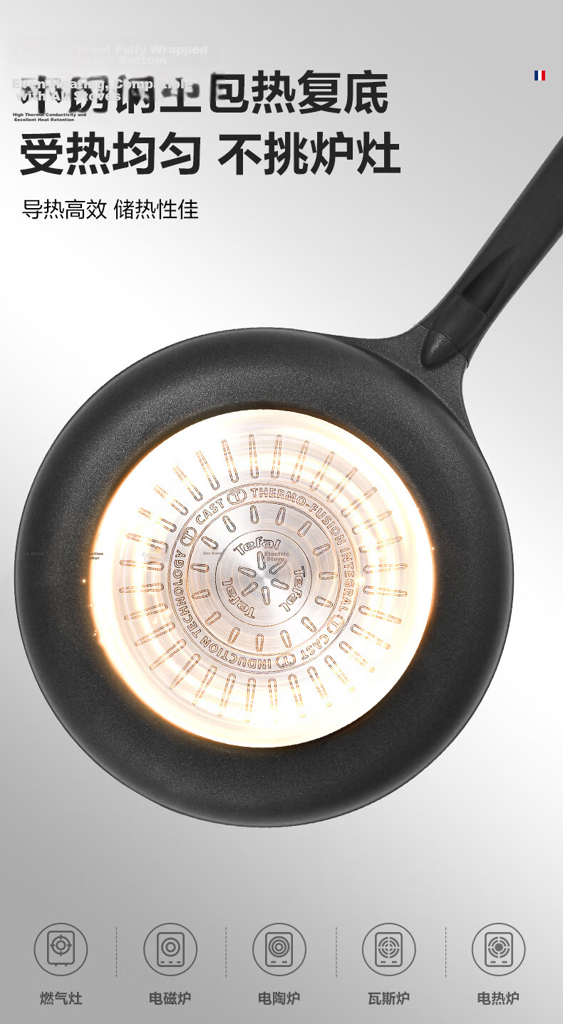 Tefal 6x Durable Non-Stick Frying Pan Lightweight Titanium Coated Flat Skillet Low Smoke Steak Pan Dishwasher Safe 23