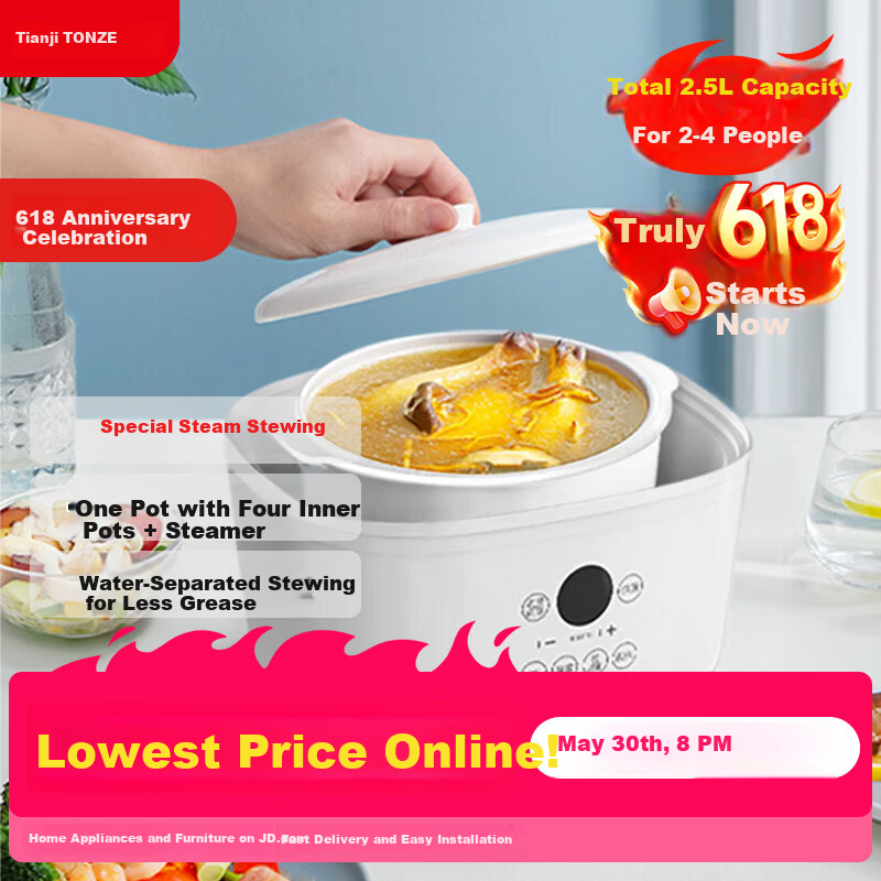 TONZE Electric Stew Pot, Double Boiler, Home Automatic Soup Maker, Ceramic Inner Pot, Bird's Nest Stew Pot, Special Steam Stewing Multi-Function Cooker, One Pot with 4 Inner Pots, DGD25-25AG