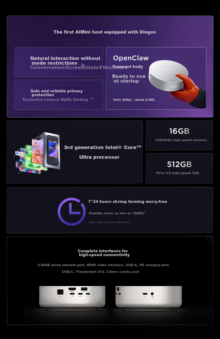 Lenovo YOGA Mini Desktop Computer AI (Core UX7 358H, 64GB RAM, 1TB SSD, Genuine Win11) 2