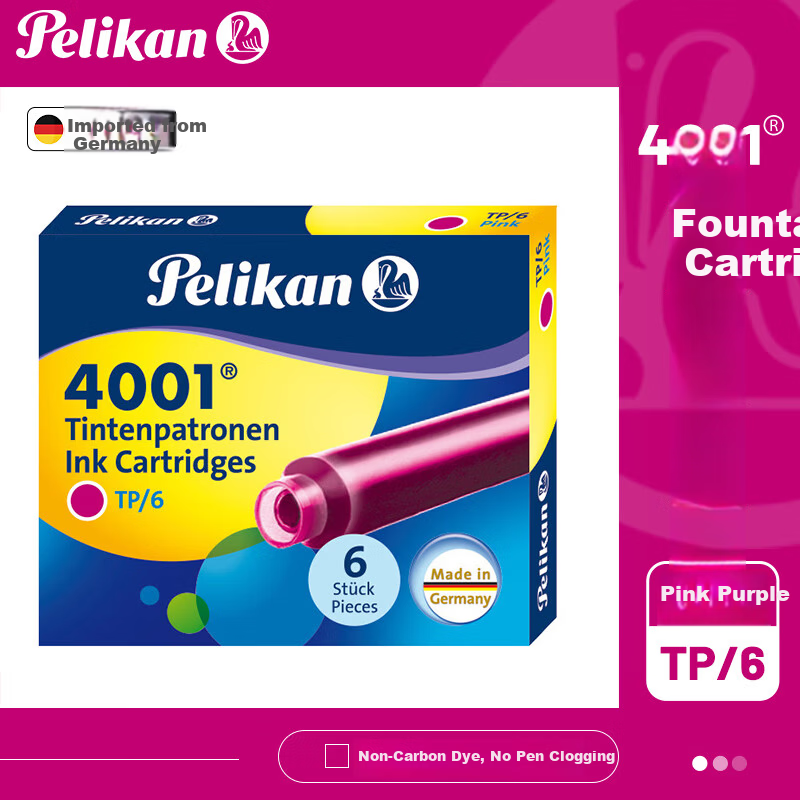 Pelikan 4001 Short Ink Cartridges Non-Carbon Ink 6-Pack Student Pen Cartridges Pink
