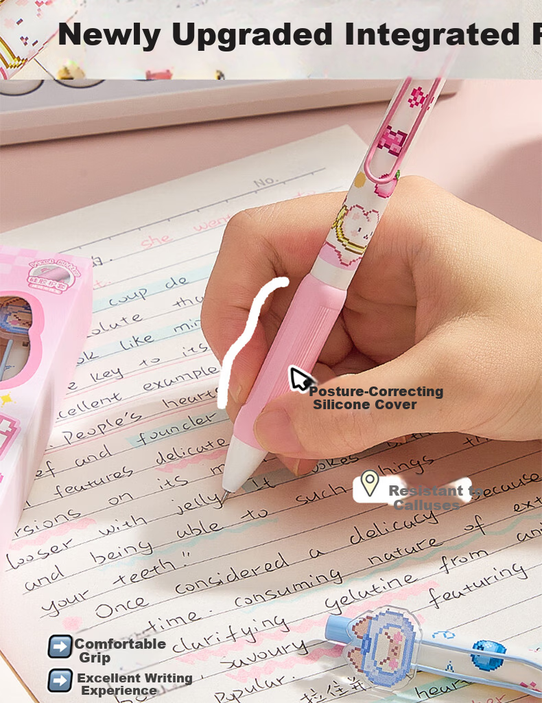 Kaba Bear Click Pixel Sticker Pen 4-Pack Posture Correcting Soft Grip Black Gel Pen 0.5mm Cute Student Quick-Dry ST Tip Exam Pen Pixel Apple Dog 4