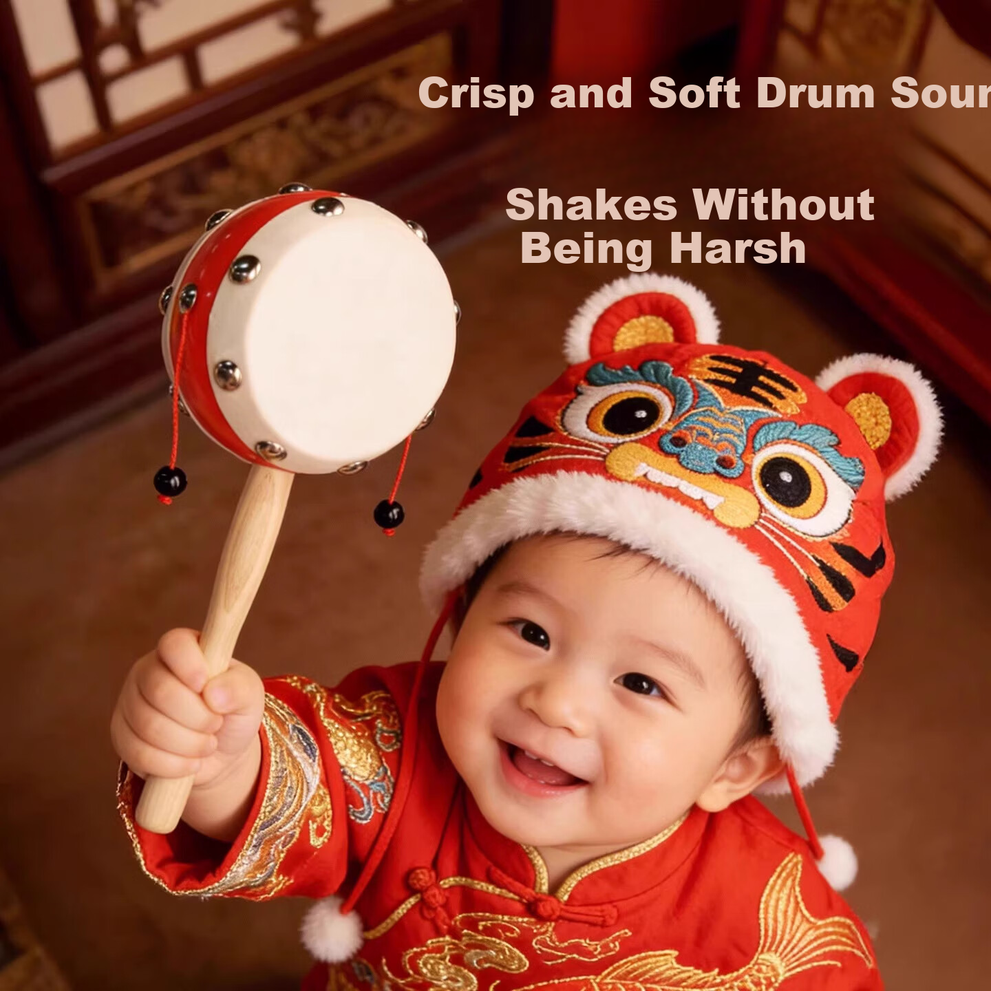 Traditional Chinese Style Double-Sided Sheepskin Rattle Drum Baby Toy 0-1 Year Early Education Handheld Rattle 3