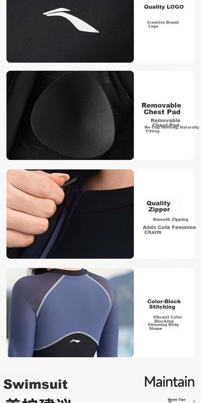 LI-NING Plus Size Women's Swimsuit, Slimming Long Sleeve One-Piece, 200 Jin, New 2026 Hot Spring Swimwear 11