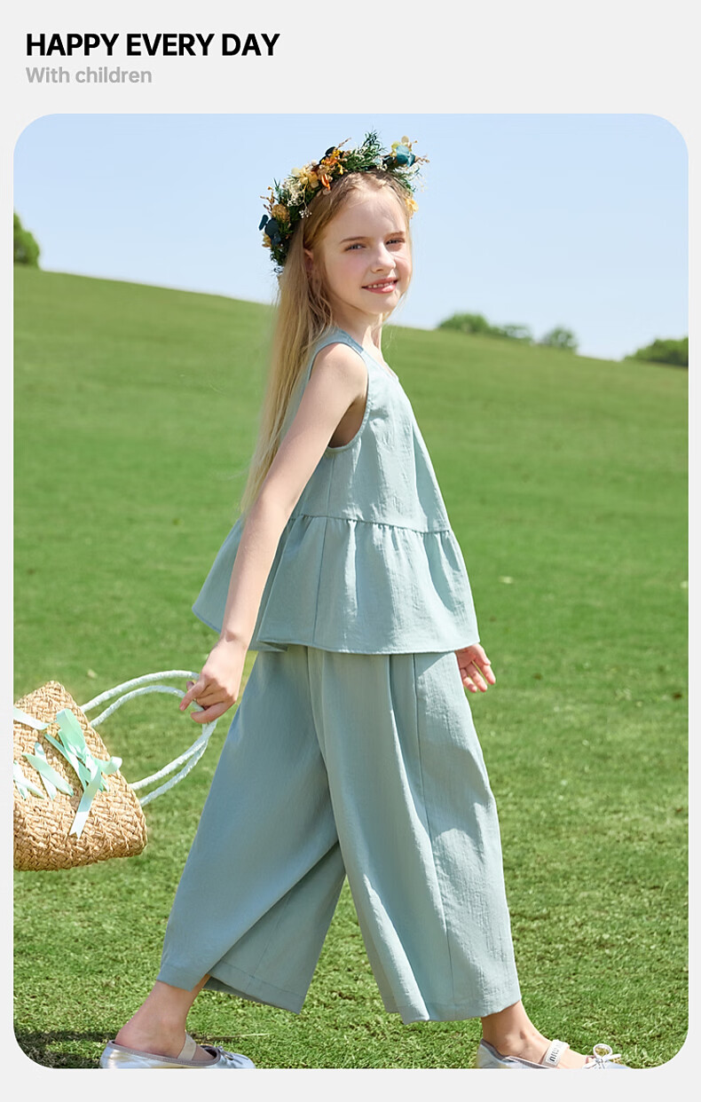 ASK JUNIOR Girls' Summer Set Youth Sleeveless Tank Top and Straight Wide-Leg Pants Two-Piece Green 170 19