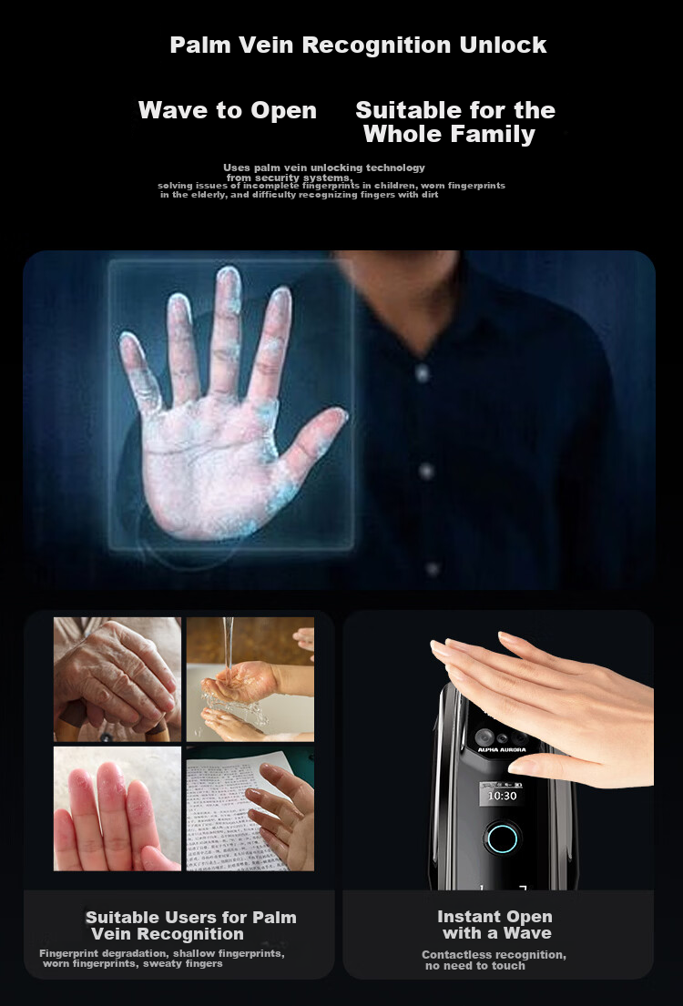 ALPHA AURORA Smart Door Lock P14 Navigator Edition Three-Camera Palm Vein Face Fingerprint Recognition Password Lock with Free On-Site Installation 5