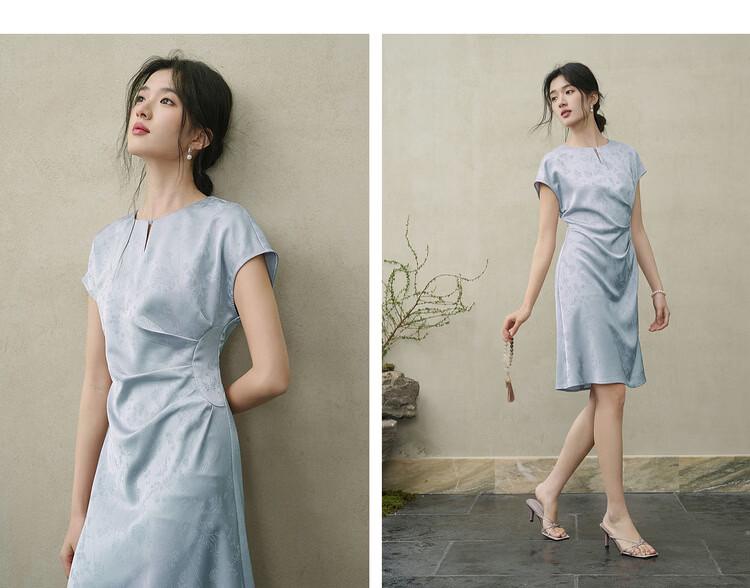 Shangdu Bila Elegant Slimming National Style Summer Dress for Women with Beaded Buttons, Round Neck, Flutter Sleeves, A-Line Jacquard Mid-Length Dress 17