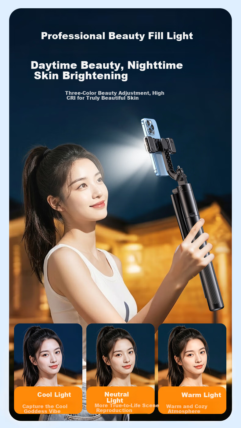 Lingchen 1.88m Professional Selfie Stick Tripod Phone Holder Floor-Standing Selfie Device 360° Rotating Stabilizer Bluetooth Remote Control Travel Live Streaming Stand Single Light Version 12