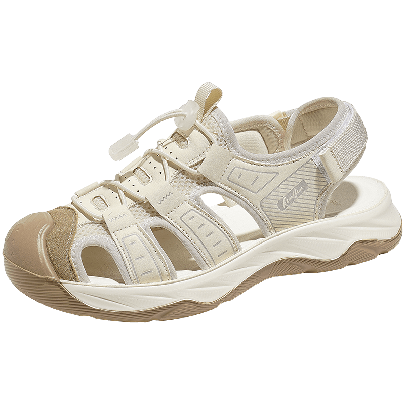 Renben Official Summer Women's Fashion Roman Closed-Toe Hollow-Out Thick-Soled Height-Increasing Casual Sandals Coffee Beige Size 38
