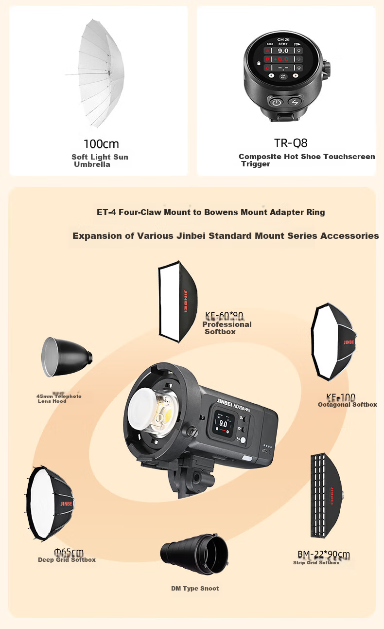 JINBEI HD250MAX Portable Outdoor Flash Light Upgraded Lithium Battery Photography Light High-Speed Sync TTL Auto Metering Continuous Shooting Bilingual Touchscreen Portrait Studio 16