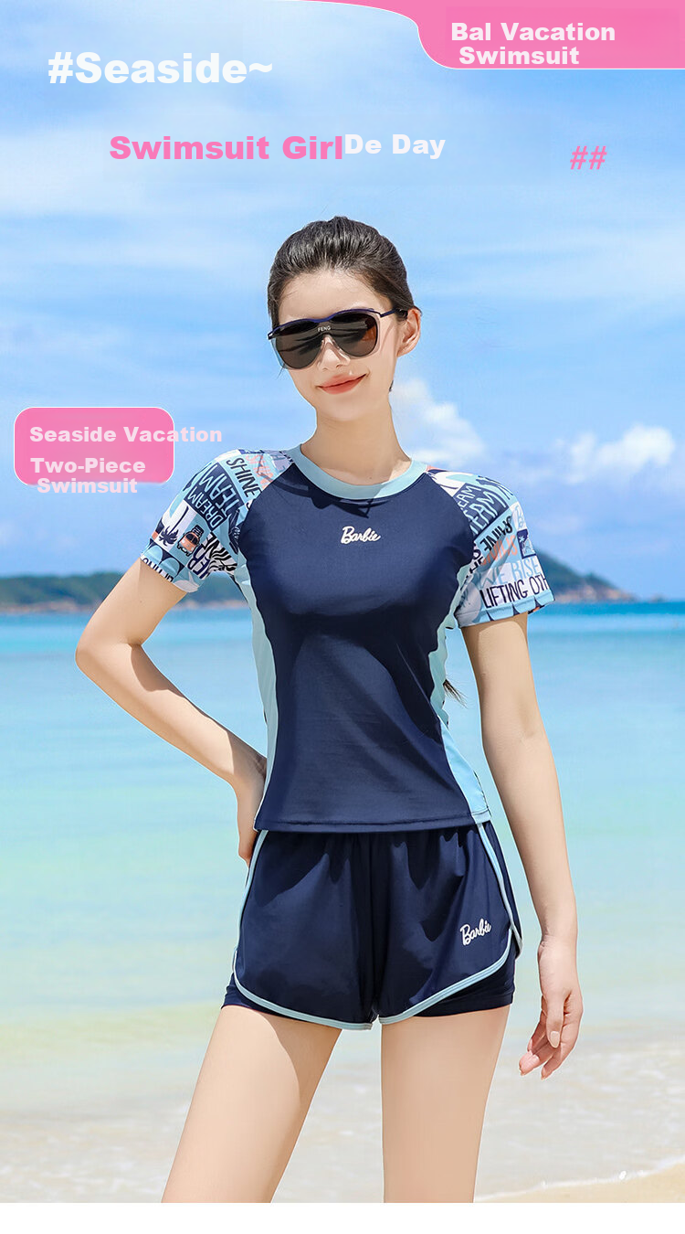 Babib Separate Conservative Short Sleeve Boxer Shorts Sports Two-Piece Swimsuit for Women Slimming Beach Vacation Swimwear 1