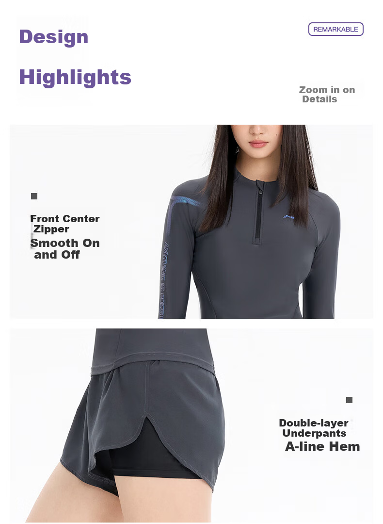 LI-NING Women's Premium 2026 New Split Long Sleeve Boxer Two-Piece Swimsuit Set Swimming Gear 1521 Black XL 20