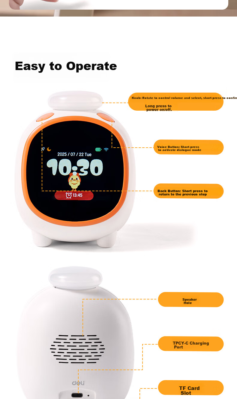 Deli Multifunctional LCD Cute Pet Smart Alarm Clock, 1200mAh, Student Night Light Bedside Clock, Children's Bedroom Clock, Time Management Device, White 8852 Gift 11