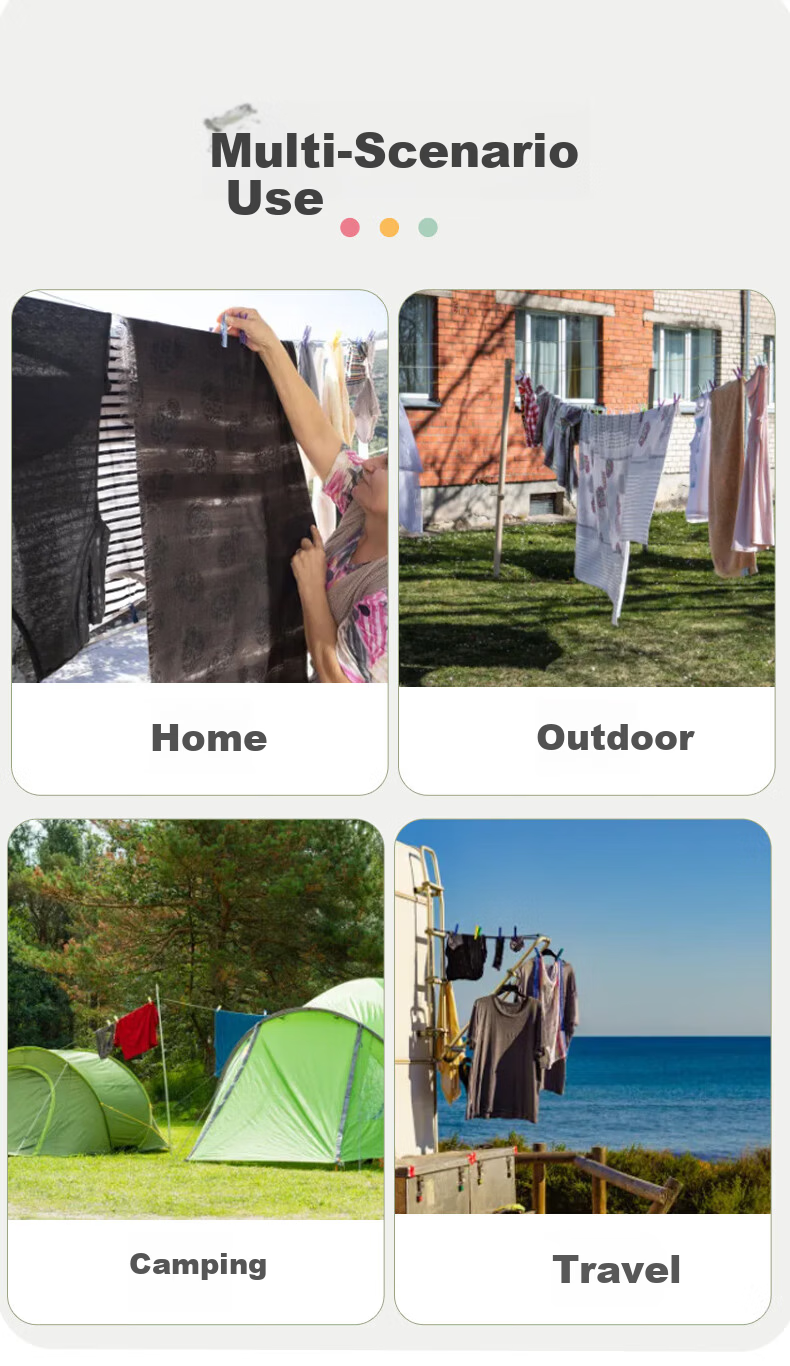 JiaTu Outdoor Travel Clothesline Hotel No-Drill Clothes Drying Tool Indoor Windproof Hanging Rope 1.8m Black Color Cap 5