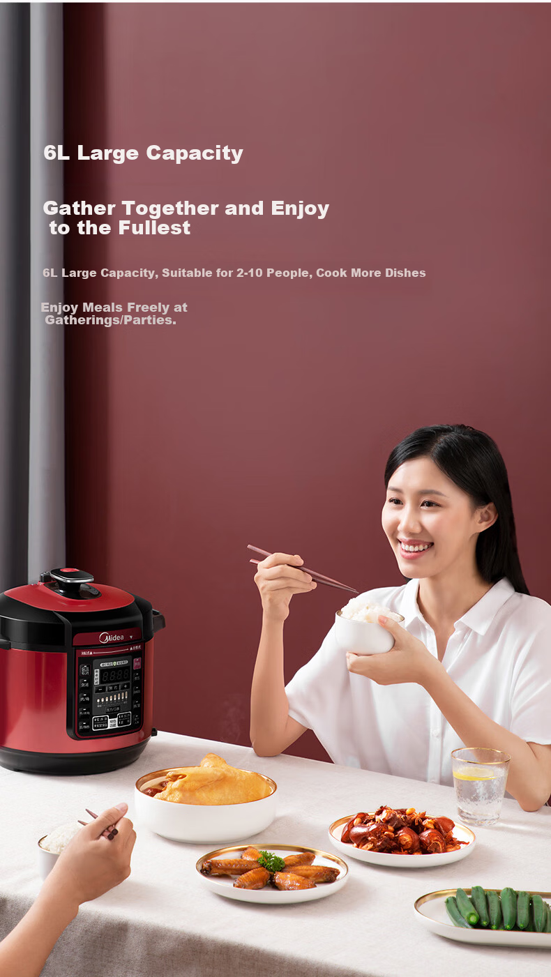 Midea 6L Electric Pressure Cooker, Large Capacity, 7 Adjustable Pressure Levels, Household Rice Cooker for 5-8 People, Fully Automatic Smart Reservation, Open-Lid Cooking, Soup and Rice Cooker MY-QC60 2