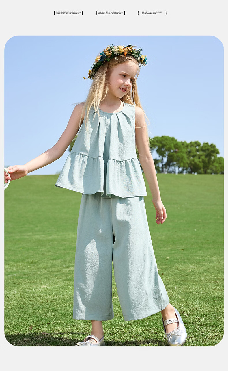 ASK JUNIOR Girls' Summer Set Youth Sleeveless Tank Top and Straight Wide-Leg Pants Two-Piece Green 170 22