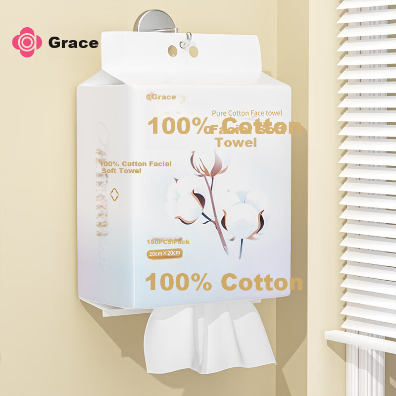 Grace Disposable Facial Wipes 100% Cotton Soft Cleansing Towels Dual-use Dry and Wet 150 Sheets 1 Pack