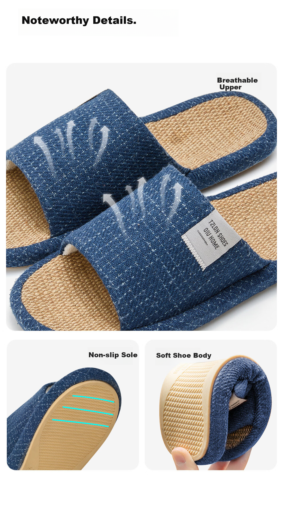 Runrou Japanese Style Linen Slippers for Men Spring Summer Indoor Home Antibacterial Deodorant Breathable Cotton Linen Slippers for Men 8