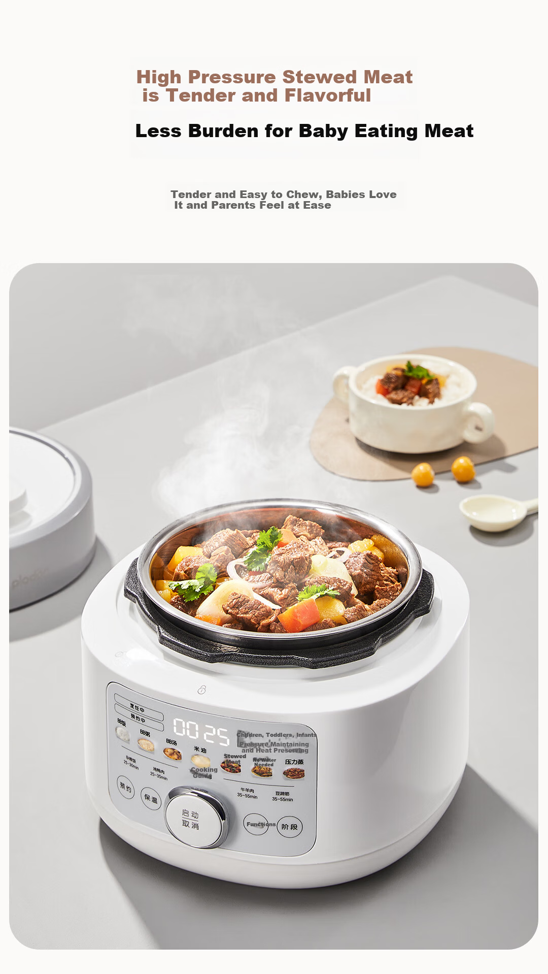 PLODON Baby Rice Oil Supplementary Food Electric Pressure Cooker, Non-Coated Multifunctional BB Infant Small Home Electric Rice Cooker 2L 8