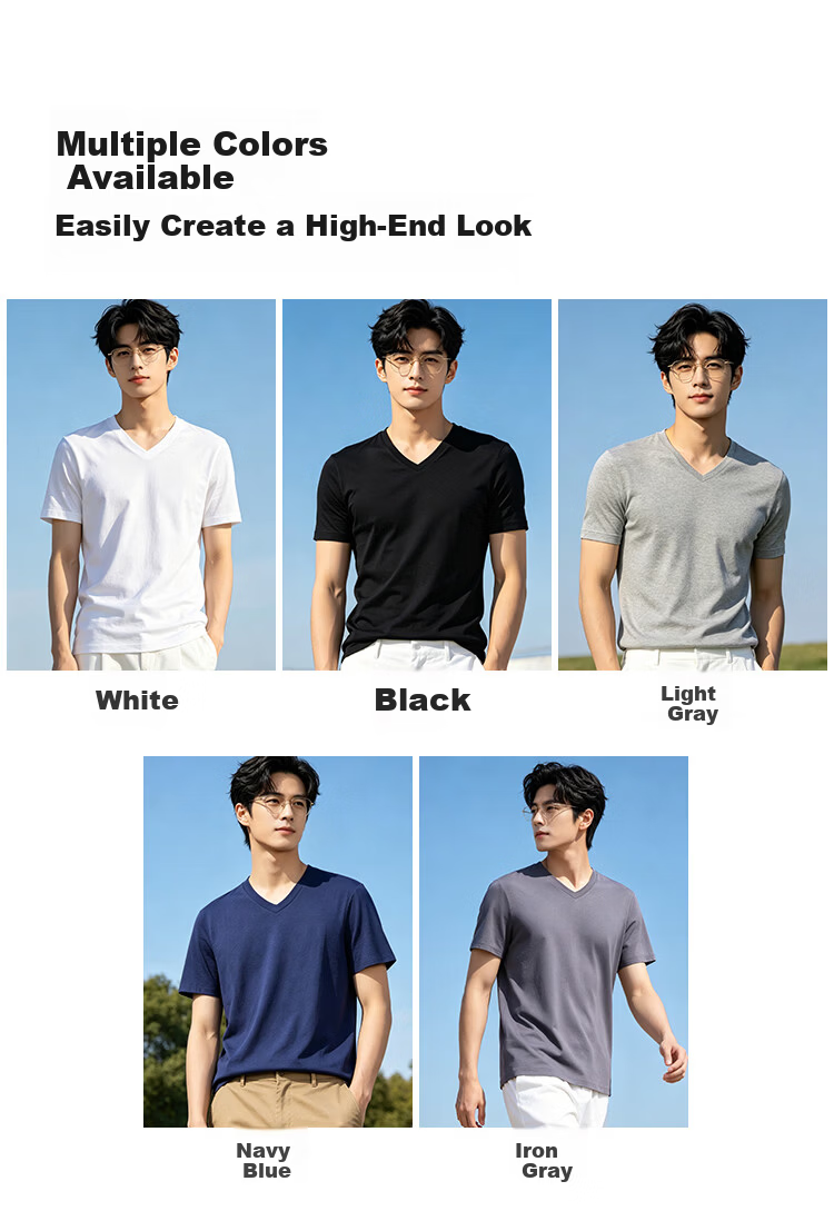 Miiow Men's Heavyweight V-Neck Modal Cotton Short Sleeve T-Shirt High-End Business Breathable Versatile Commuter Casual Base Shirt 15