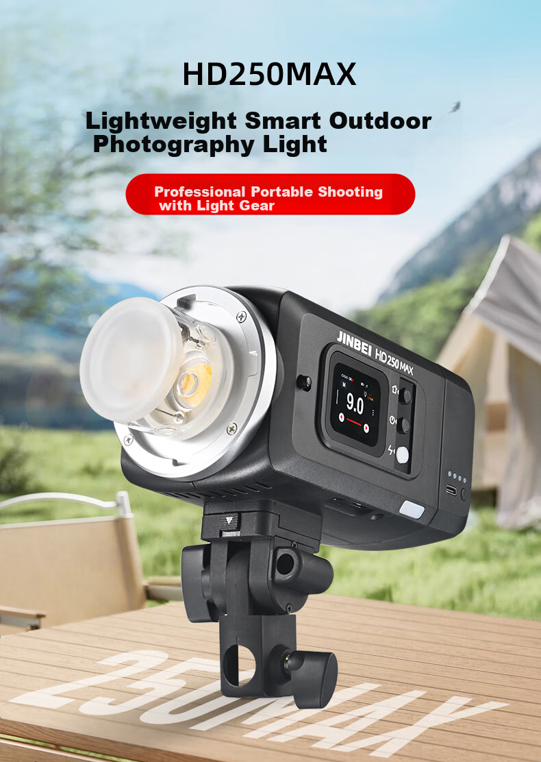 JINBEI HD250MAX Portable Outdoor Flash Light Upgraded Lithium Battery Photography Light High-Speed Sync TTL Auto Metering Continuous Shooting Bilingual Touchscreen Portrait Studio 1