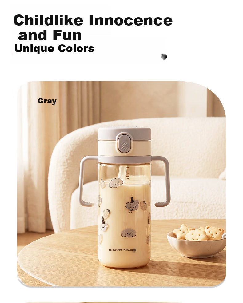 Rikang Children's Water Bottle 1+ Baby Milk Bottle PPSU Direct Drinking Straw Cup 380ml - B1088 Gray 13