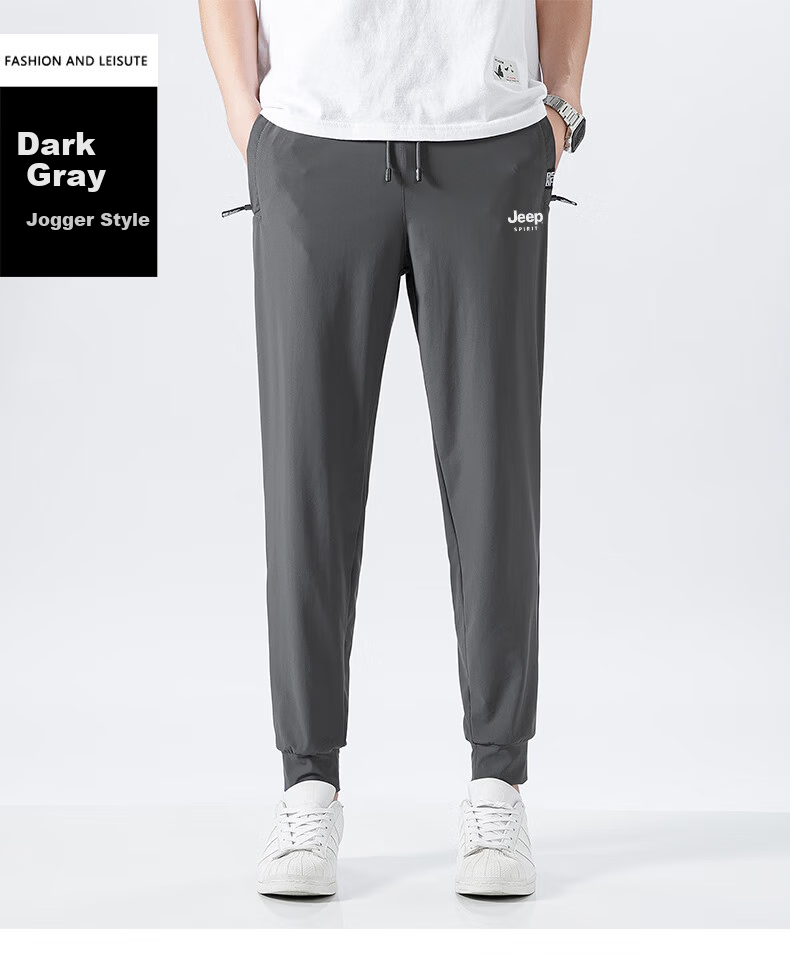 JEEP Men's Summer Casual Ice Silk Thin Lightweight Sports Pants Large Size Stretch Straight Leg Black Joggers L 17