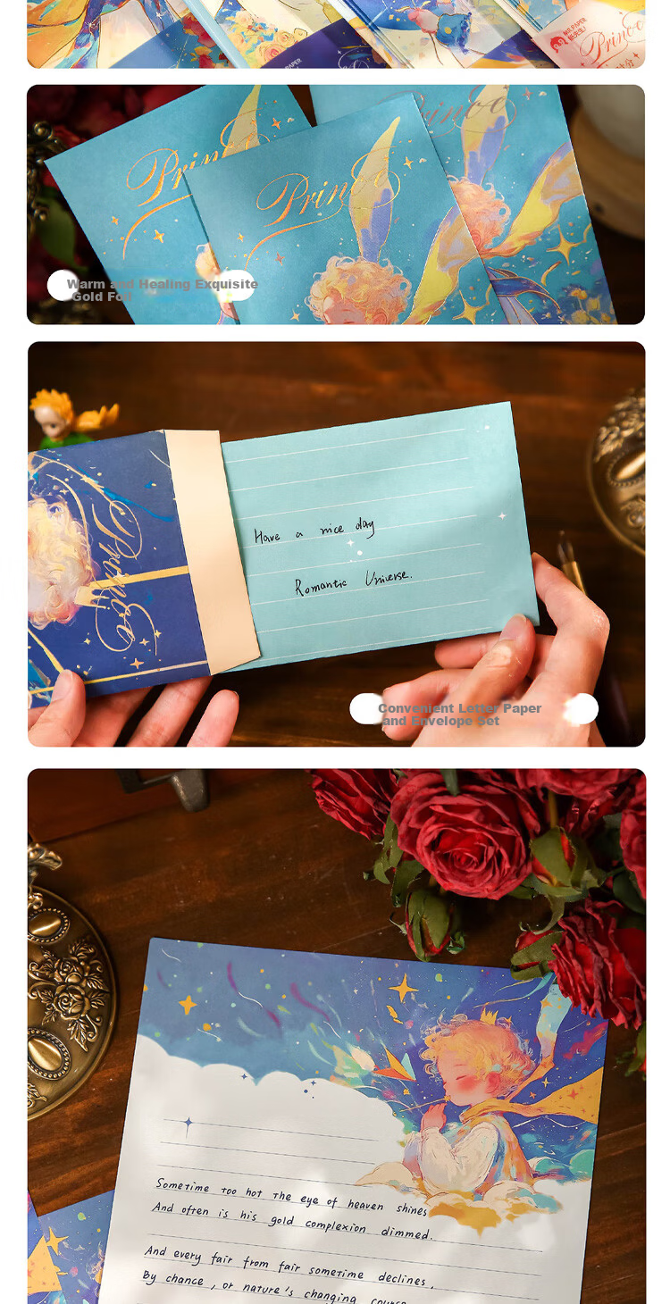 Jufu Rose Planet Envelope and Letter Paper Set High-Value Handwritten Romantic Creative Blessing Birthday Valentine's Day Graduation Children's Day 520 Gift 4 Envelopes 4 Letter Papers 2