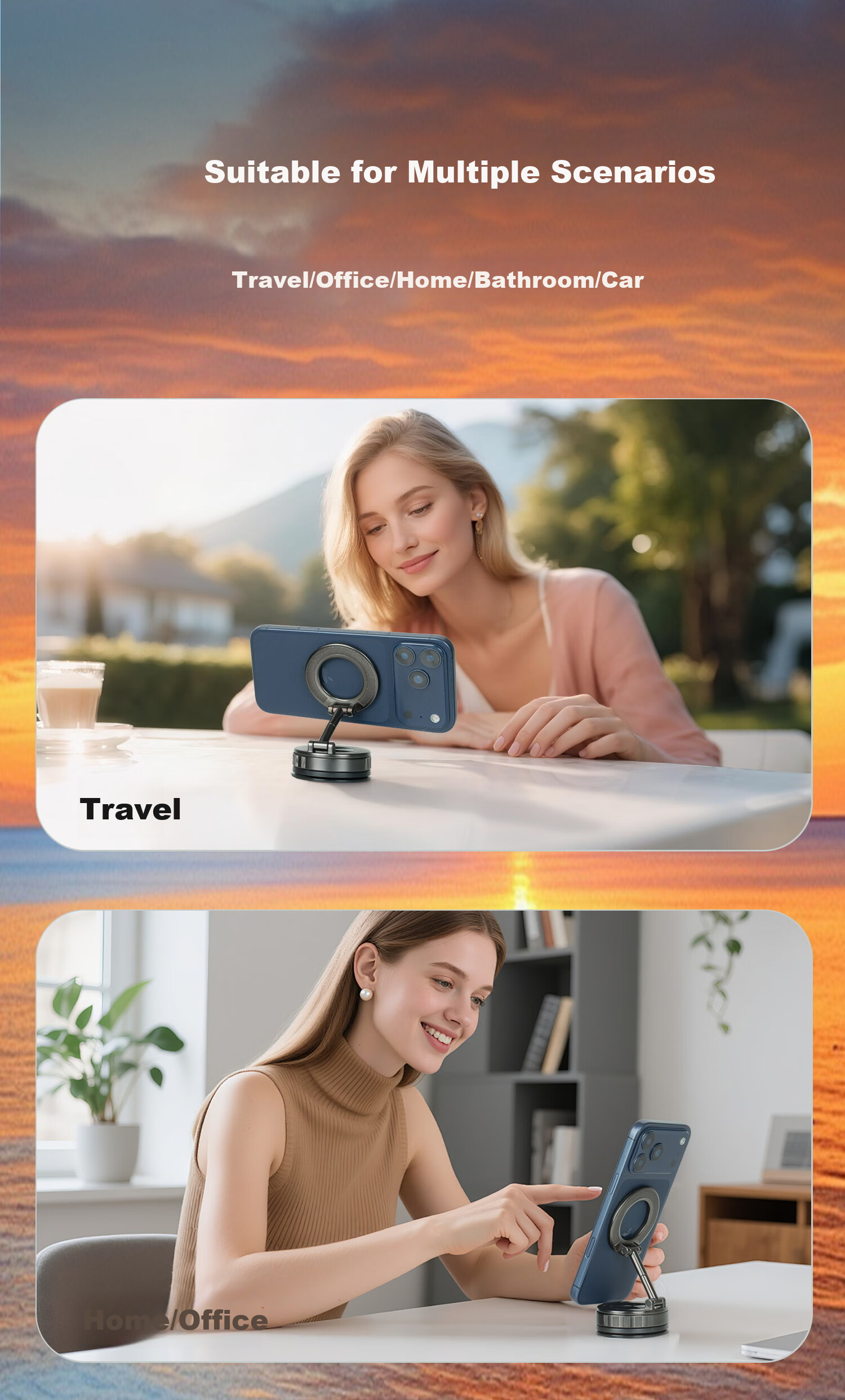 Feimaotui Car Phone Holder Suction Magnetic Mount 360° Rotatable Dual Ring Strong Adhesive Horizontal and Vertical Screen 6