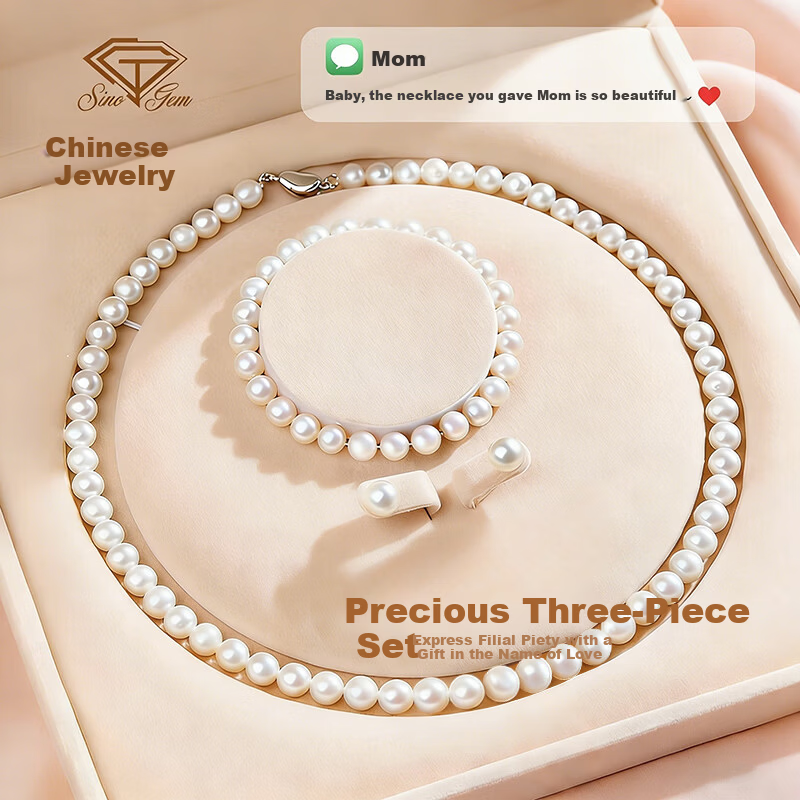 Sino Gem Natural Pearl Necklace for Mom S925 Sterling Silver Pearl Set Birthday Gift Practical for Mom and Mother-in-Law