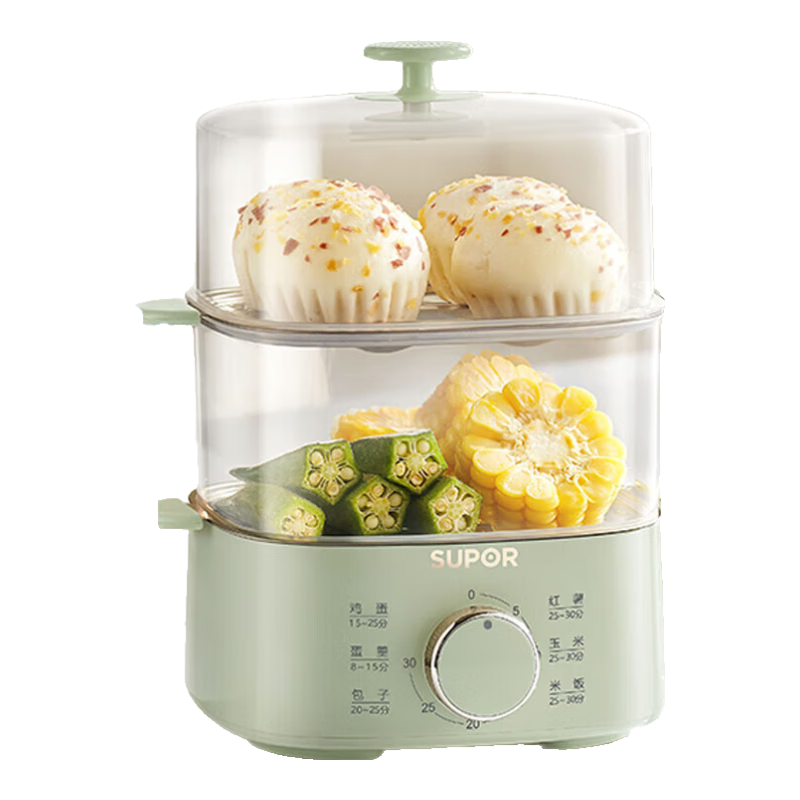 SUPOR Egg Cooker, Steamer, Small Steaming Pot, Egg Cooking Wonder, Rotary Knob with Timer And Auto Shut-Off, Double-Layer, Home Mini Egg Custard Multi-Function Cooker, Z15FK953