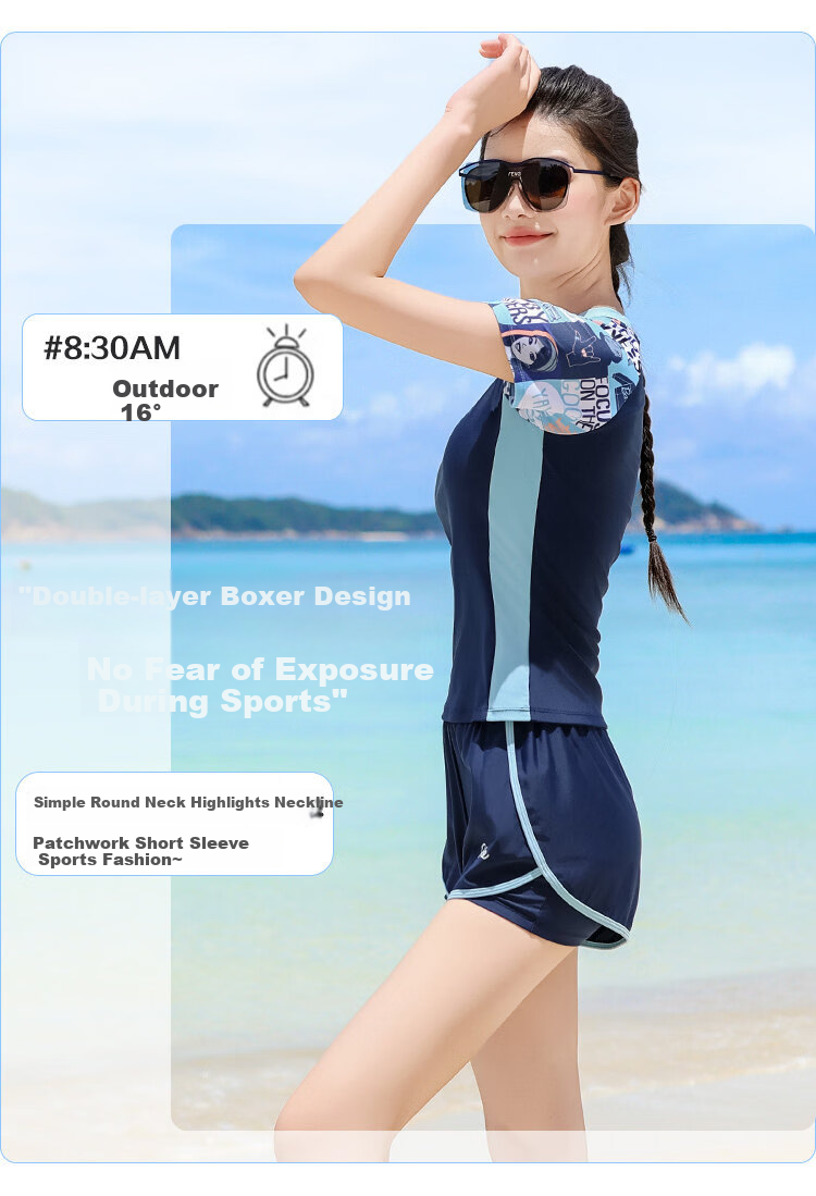Babib Separate Conservative Short Sleeve Boxer Shorts Sports Two-Piece Swimsuit for Women Slimming Beach Vacation Swimwear 3