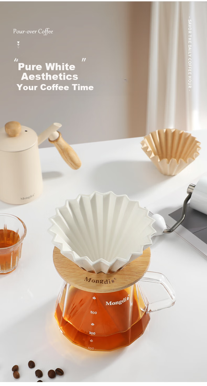 Mongdio Manual Coffee Maker Set with Grinder, Coffee Filter Paper, Dripper, Pour Over Kettle, Sharing Pot, Measuring Spoon, Wooden Tray - 7 Pieces 2