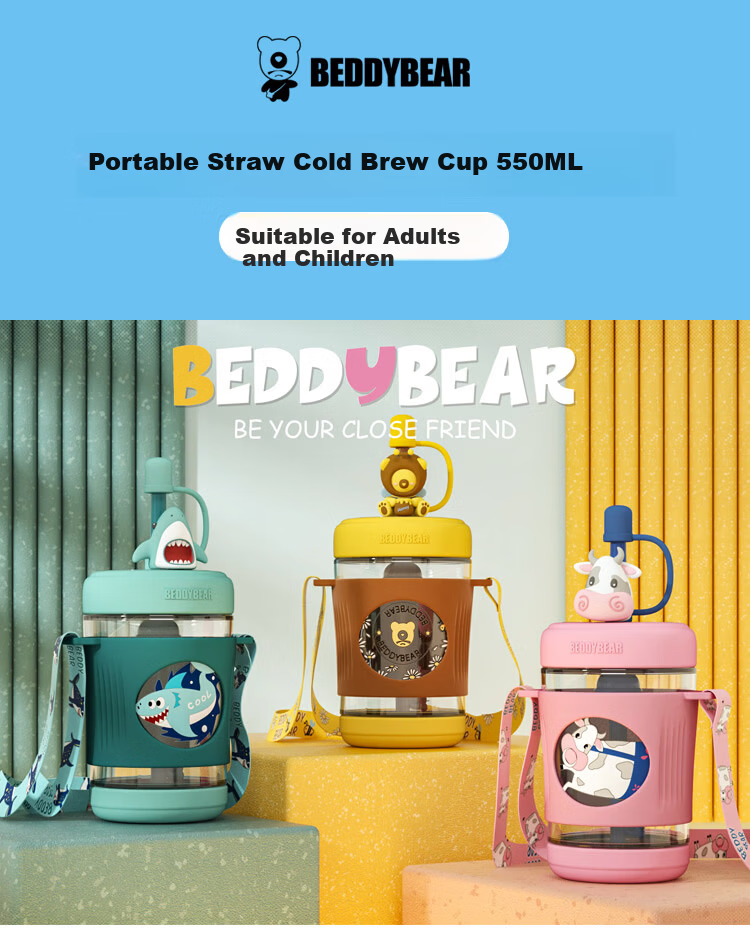 BEDDYBEAR Kids Water Bottle Summer Plastic Cup High Temperature Resistant Kindergarten Straw Cup Cold Brew Straw Cup 550ML Cow Pattern 1