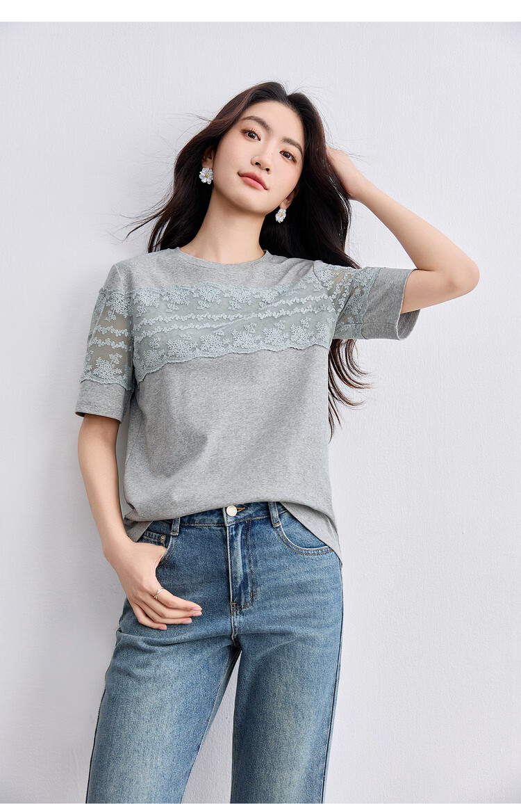 Shangdu Bila Cotton Spliced Lace Trim Round Neck Short Sleeve T-Shirt Women Summer Slim Straight Top Elegant Temperament Women's Wear 13