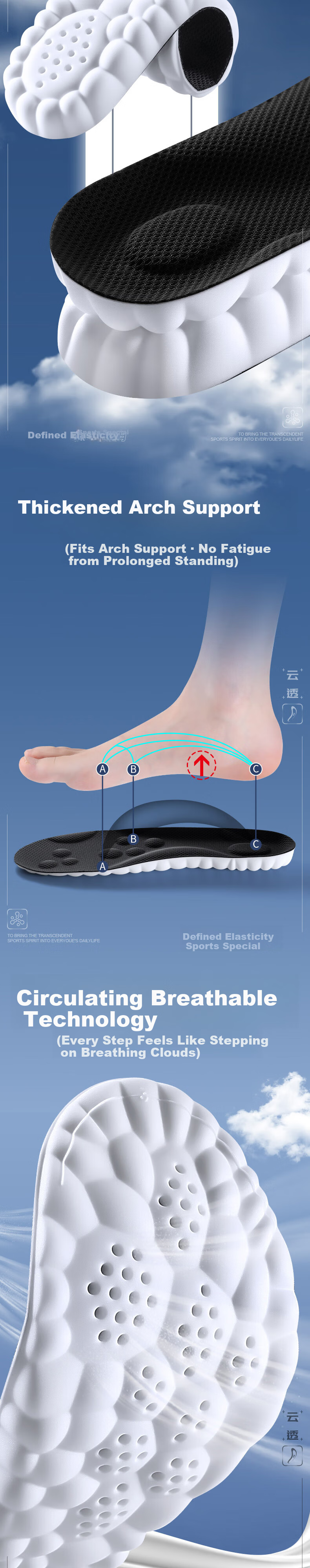 Footprint Tribe Men's Sports Insoles Air Cushion Shock Absorption Soft Elastic Anti-Fatigue Breathable Sweat-Absorbing Odor-Resistant Summer Size 41-42 3
