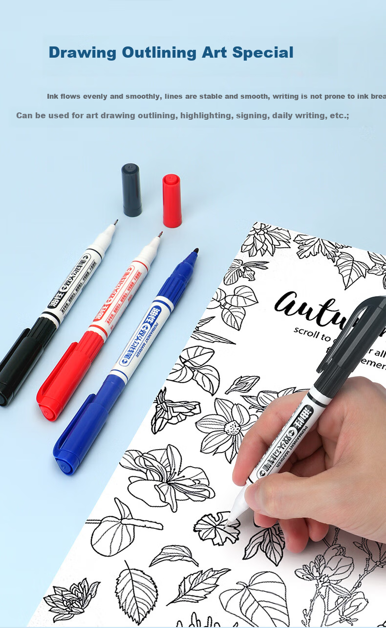 BAOKE MP2916 Oil-Based Double-Ended Fine Line Pen, Waterproof Quick-Drying Smooth Writing Marker, Art-Specific Outlining Pen, Signing Pen, Drawing Pen, Blue, 10 Pens/Box 4